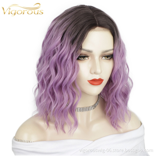 Vigorous Hot Selling High Quality Ombre Black Purple Cheap High Temperature Lace Frontal Short Bob Synthetic Wigs